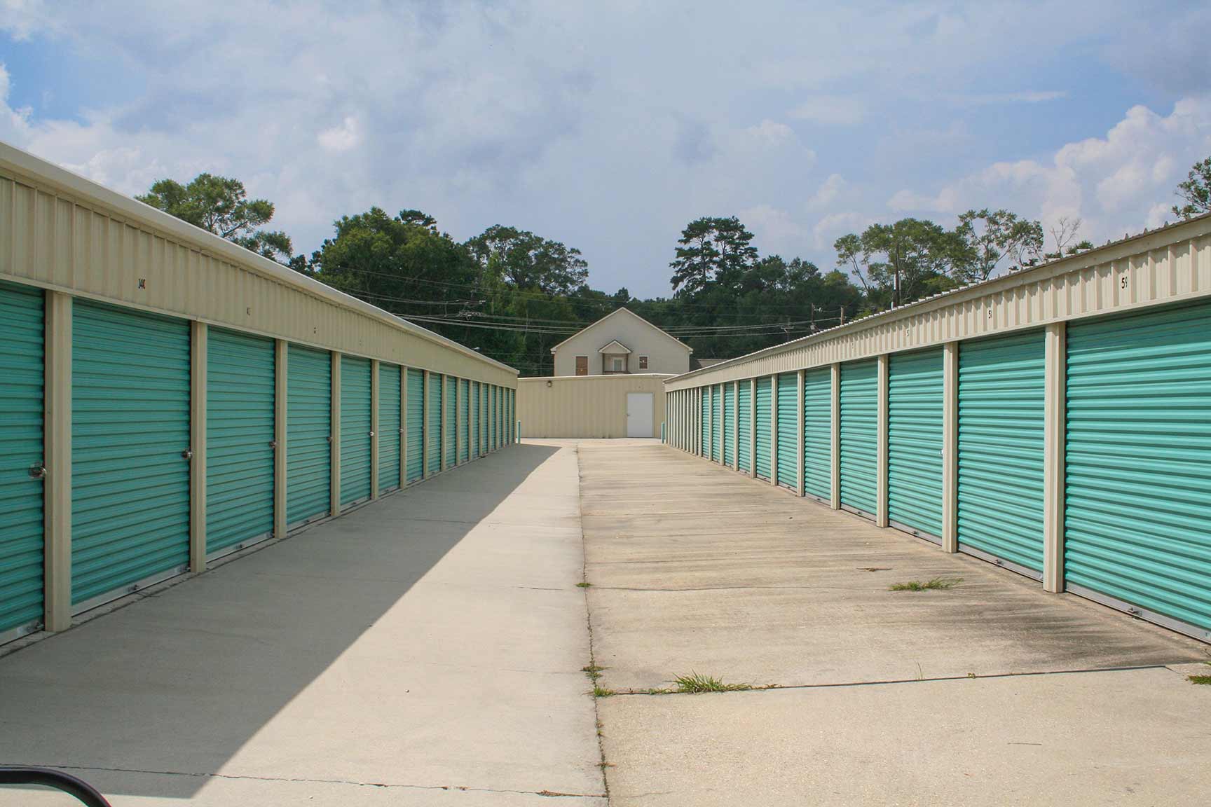 Exterior photo of storage unit alley way